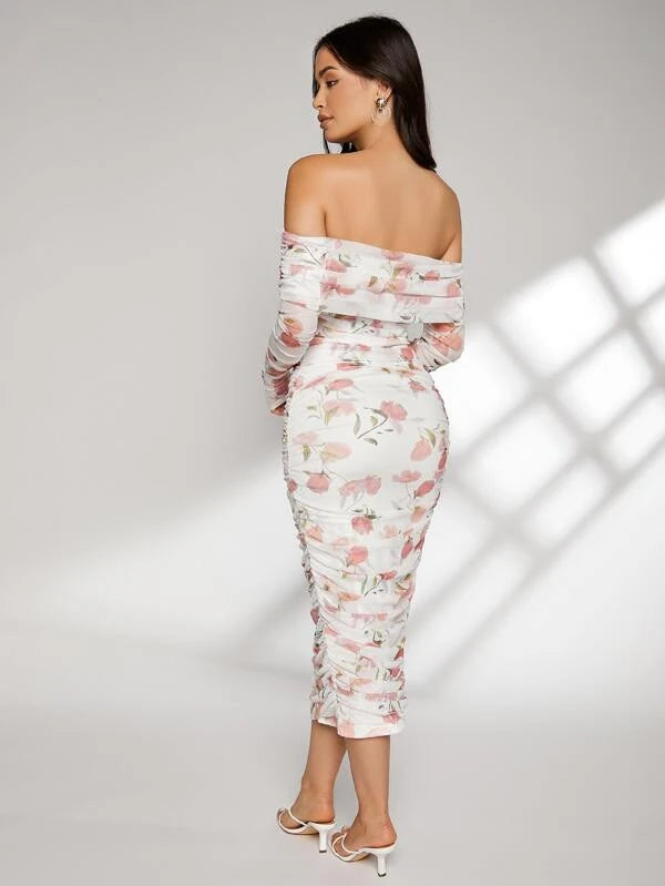 CM-DS527950 Women Elegant Seoul Style Floral Print Off Shoulder Ruched Dress - White