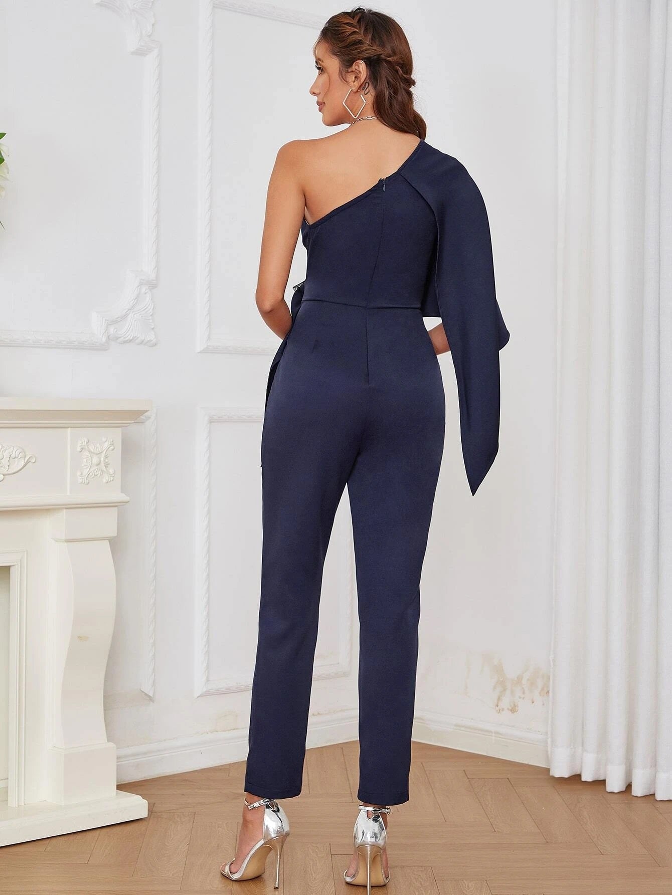 CM-JS477427 Women Elegant Seoul Style One Shoulder Cloak Sleeve Buckled Side Jumpsuit - Navy Blue