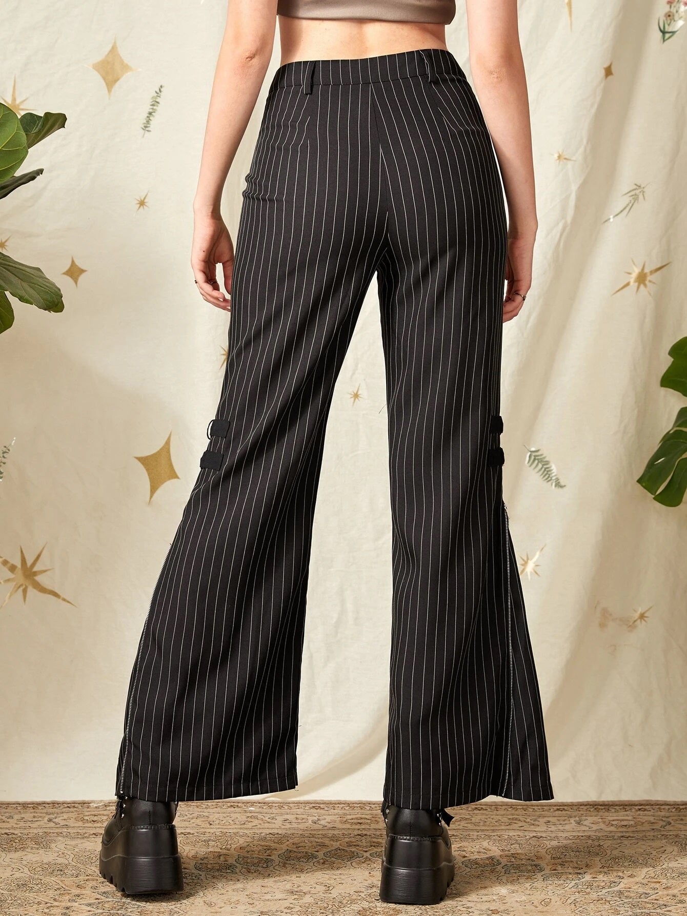 CM-BS907601 Women Elegant Seoul Style Striped Button Detail Flare Leg Pants - Black
