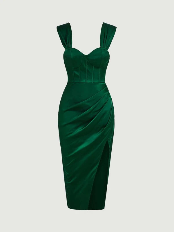 CM-DS104150 Women Elegant Seoul Style Bustier Ruched Wrap Hem Dress - Dark Green