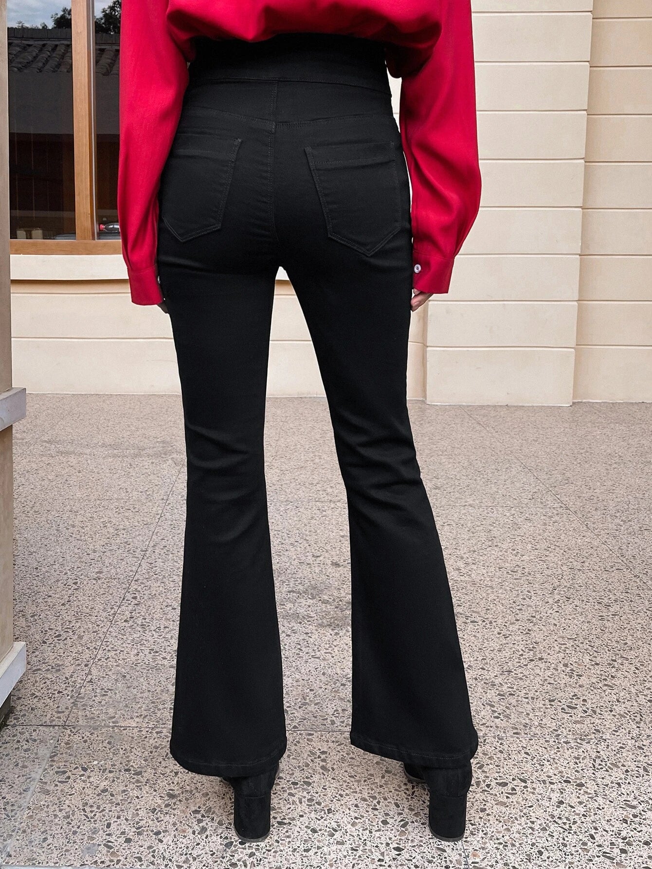 CM-BS187313 Women Casual Seoul Style High Waist Split Hem Flare Leg Jeans - Black