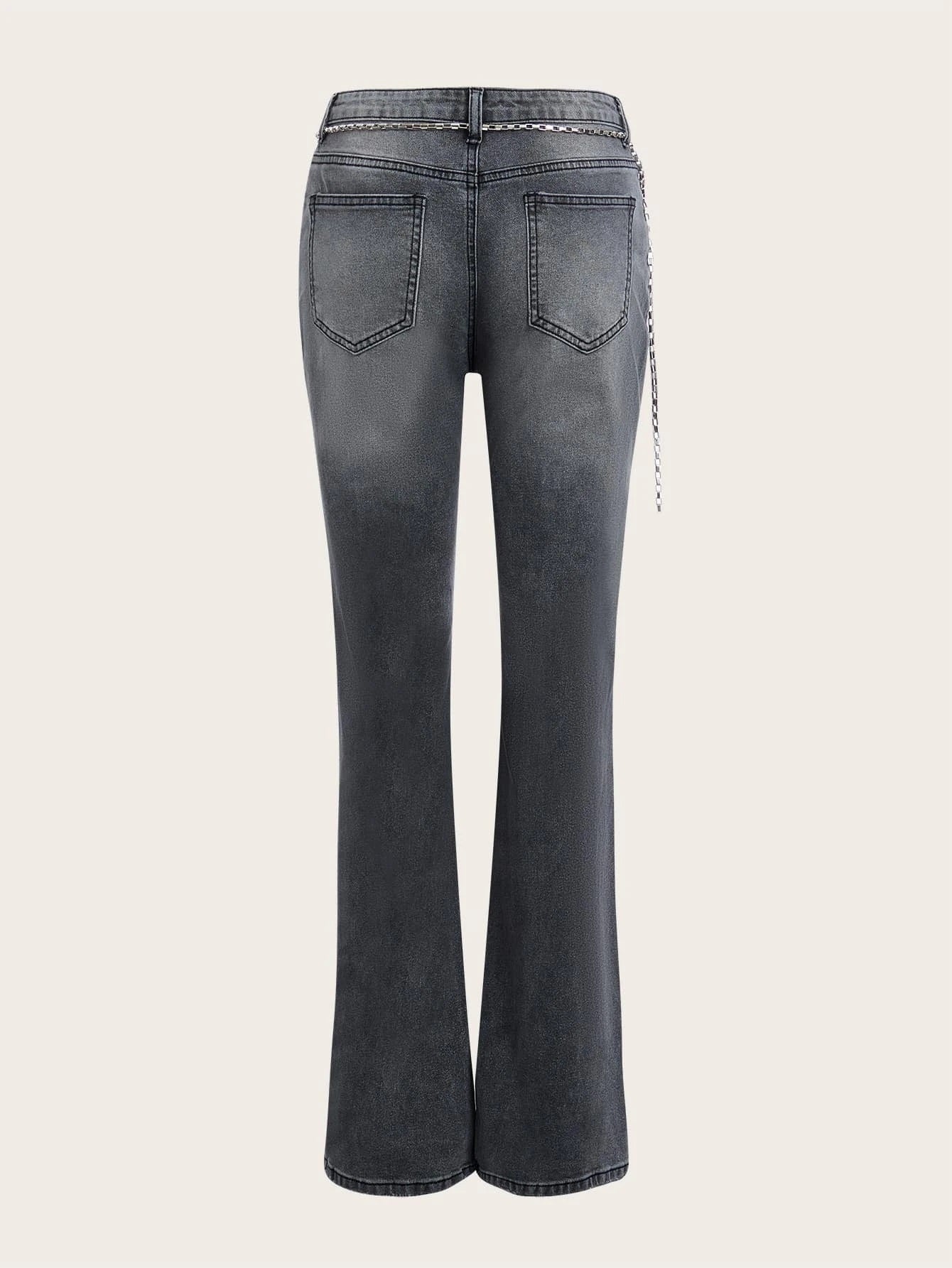 CM-BS299089 Women Preppy Seoul Style Drop Waist Washed Flare Leg Jeans - Dark Gray