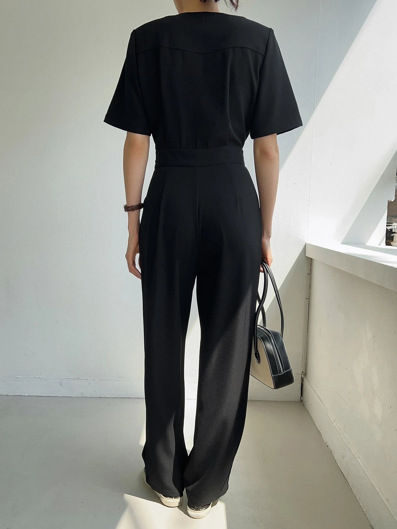 CM-JS205721 Women Casual Seoul Style Solid Button Front Slant Pocket Buckle Jumpsuit