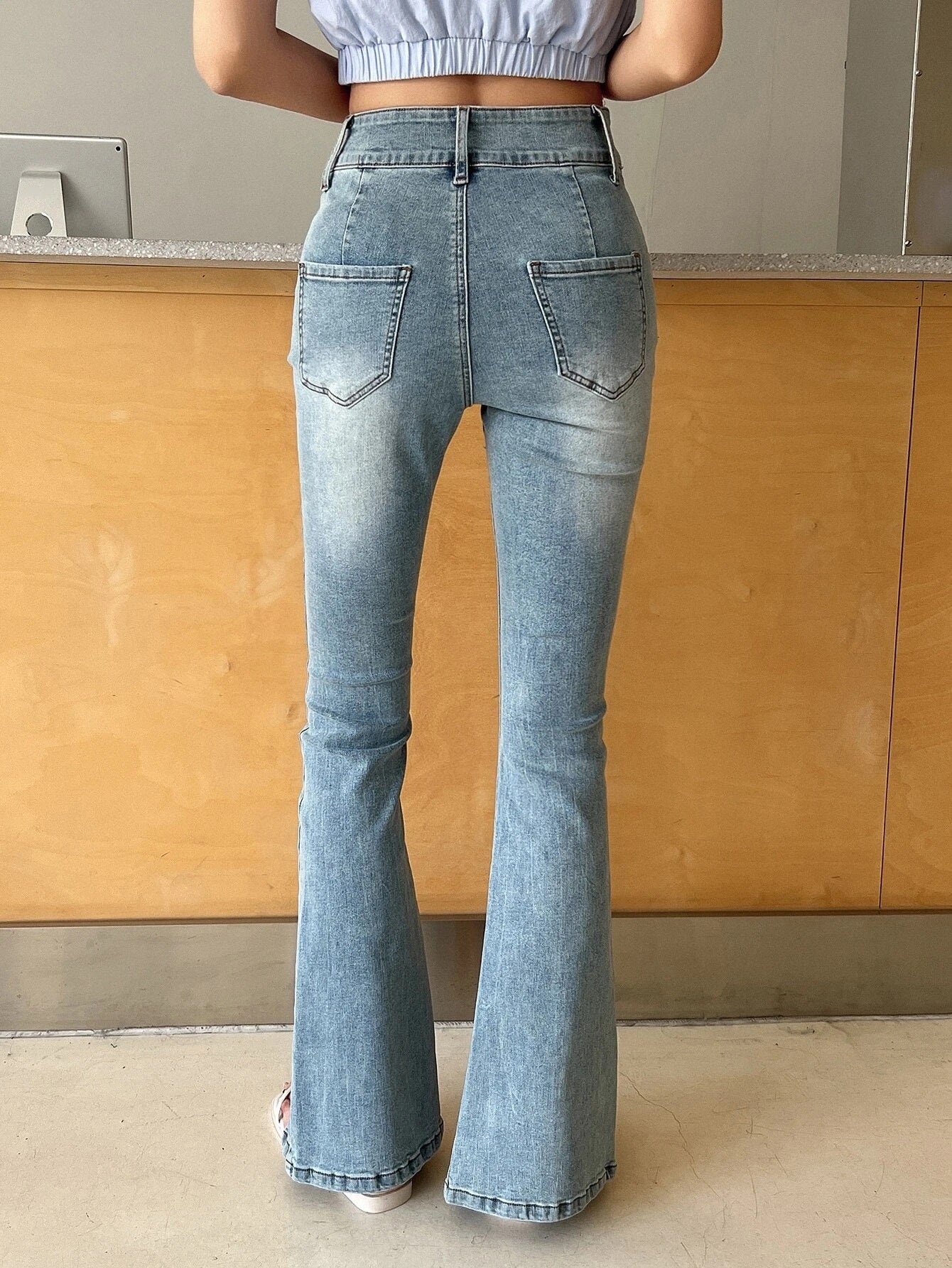 CM-BS200073 Women Casual Seoul Style Light Wash Split Hem Flare Leg Jeans