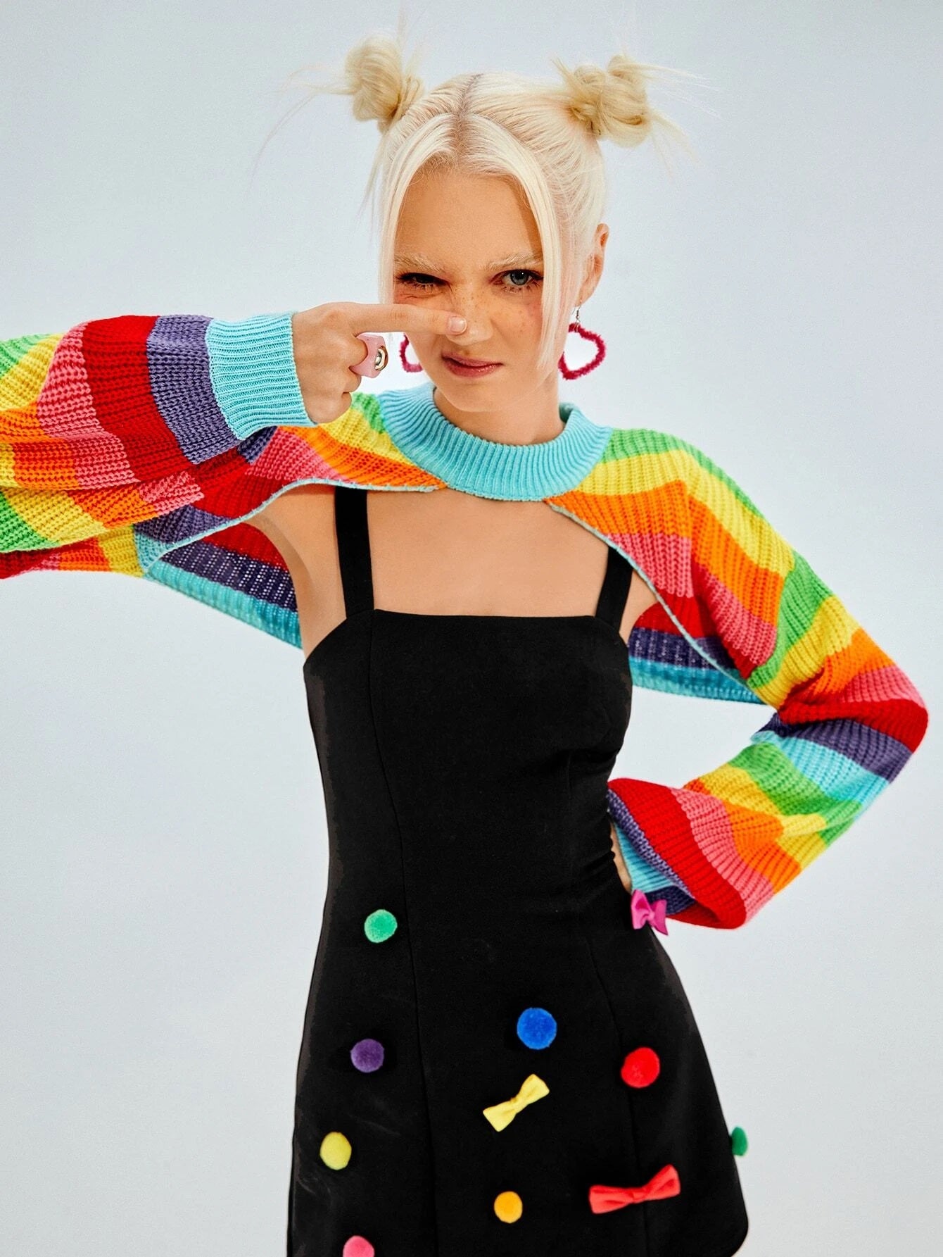 CM-CS337111 Women Casual Seoul Style Rainbow Striped Pattern Lantern Sleeve Shrug Sweater