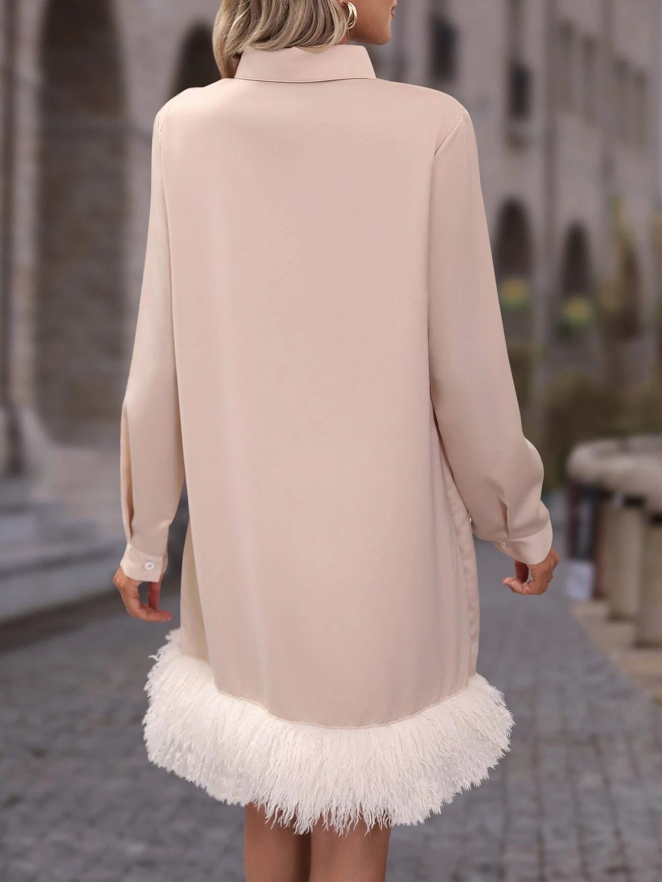 CM-DS242511 Women Elegant Seoul Style Collar Neckline Solid Fuzzy Hem Tunic Dress - Champagne