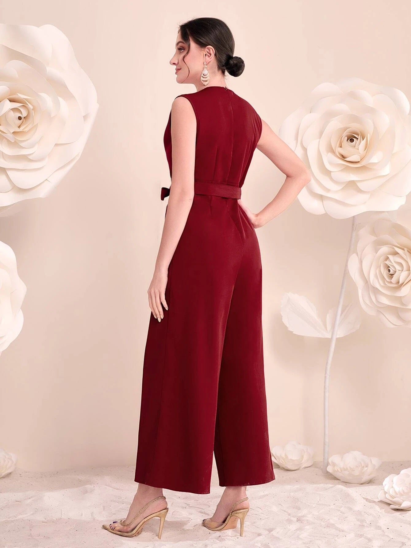 CM-JS300010 Women Elegant Seoul Style Surplice Neck Belted Wide Leg Jumpsuit - Burgundy