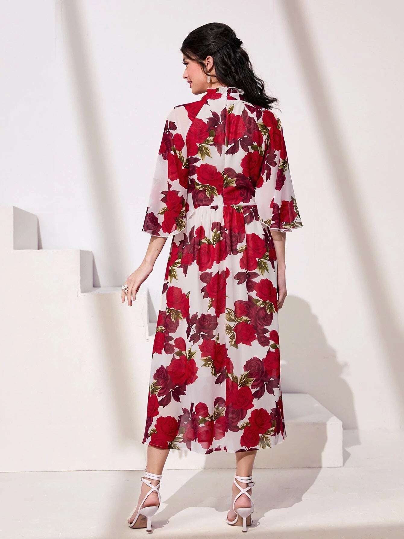 CM-DS861131 Women Trendy Bohemian Style Flounce Sleeve Floral Print Frill Neck Dress