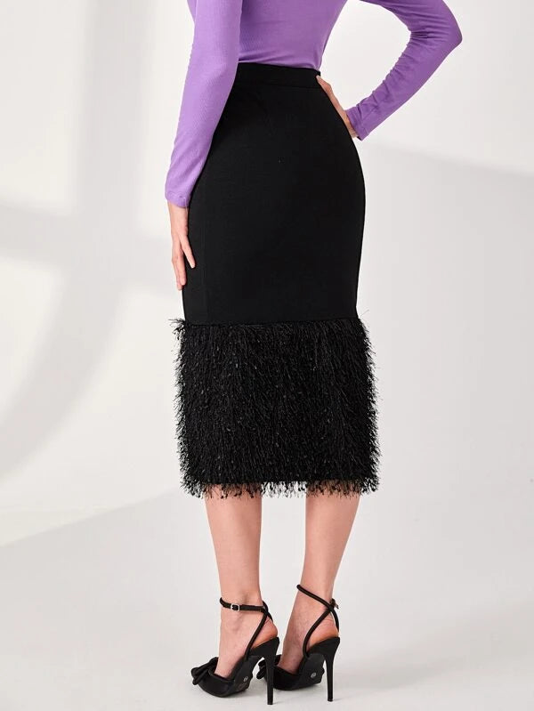 CM-BS314726 Women Elegant Seoul Style High Waist Fuzzy Hem Midi Skirt - Black