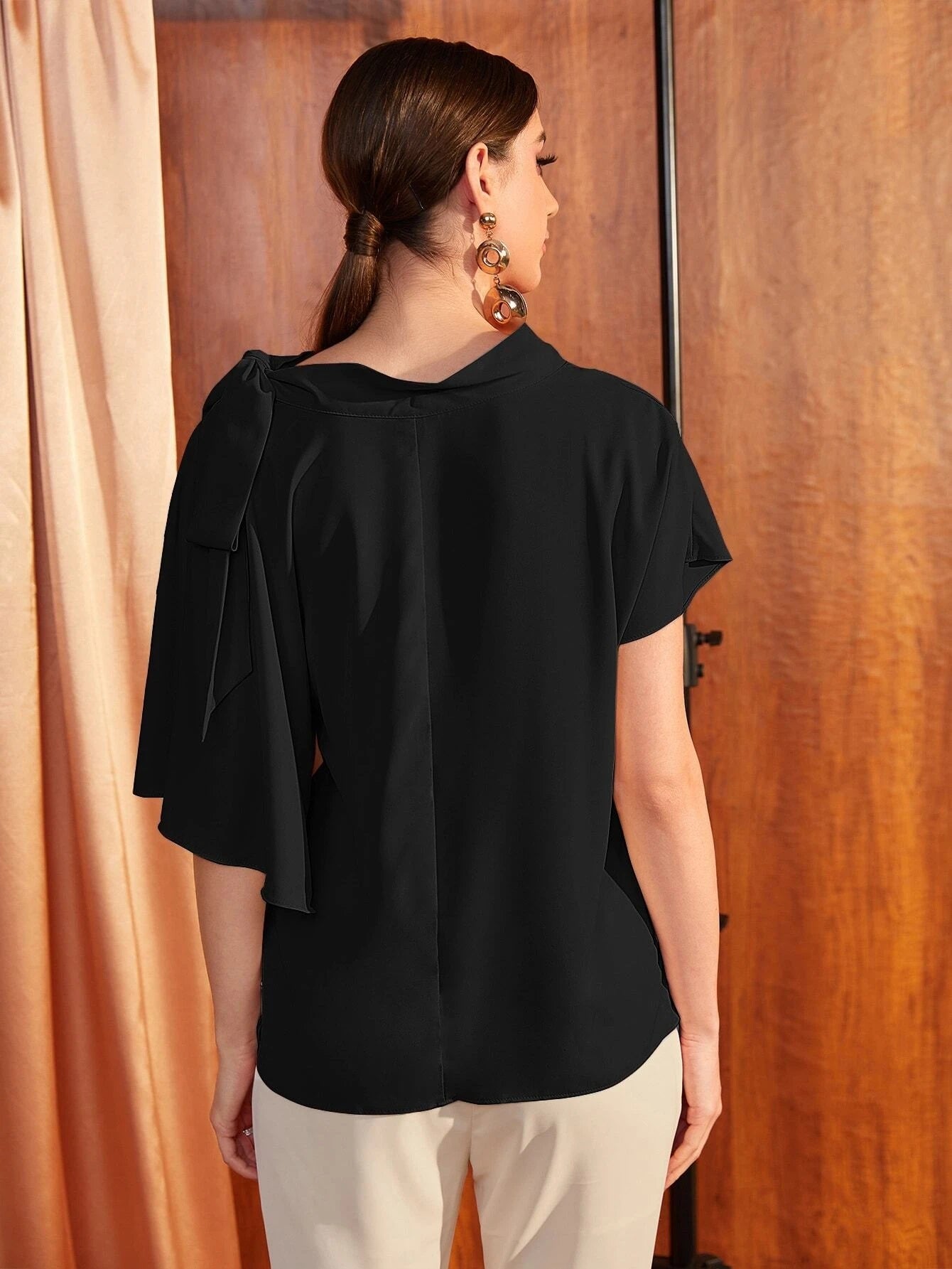 CM-TS505128 Women Elegant Seoul Style Knot Shoulder Asymmetrical Batwing Sleeve Top