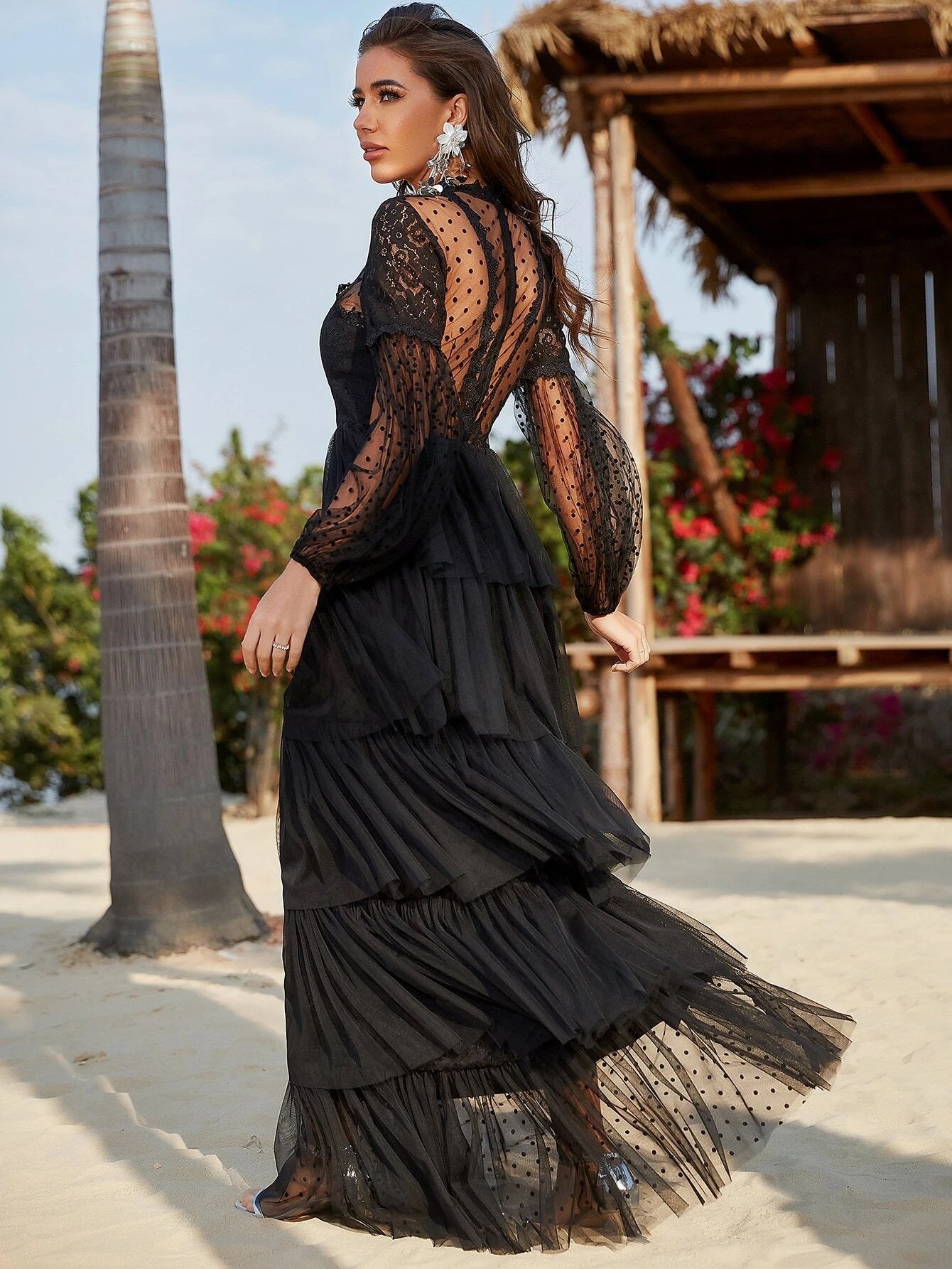 CM-DS488861 Women Elegant Seoul Style Lantern Sleeve Lace Trim Dobby Mesh Overlay Formal Dress