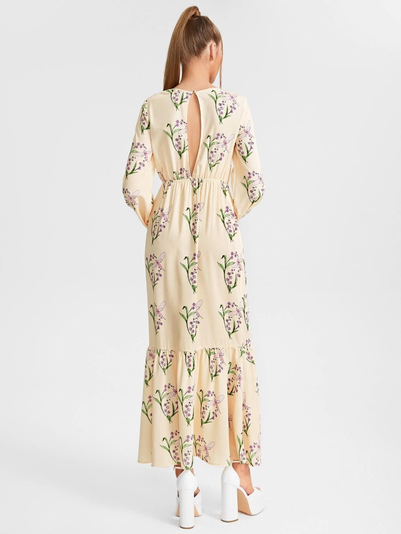 CM-DS552858 Women Casual Seoul Style Floral Print Keyhole Neck Lantern Sleeve Ruffle Hem Dress