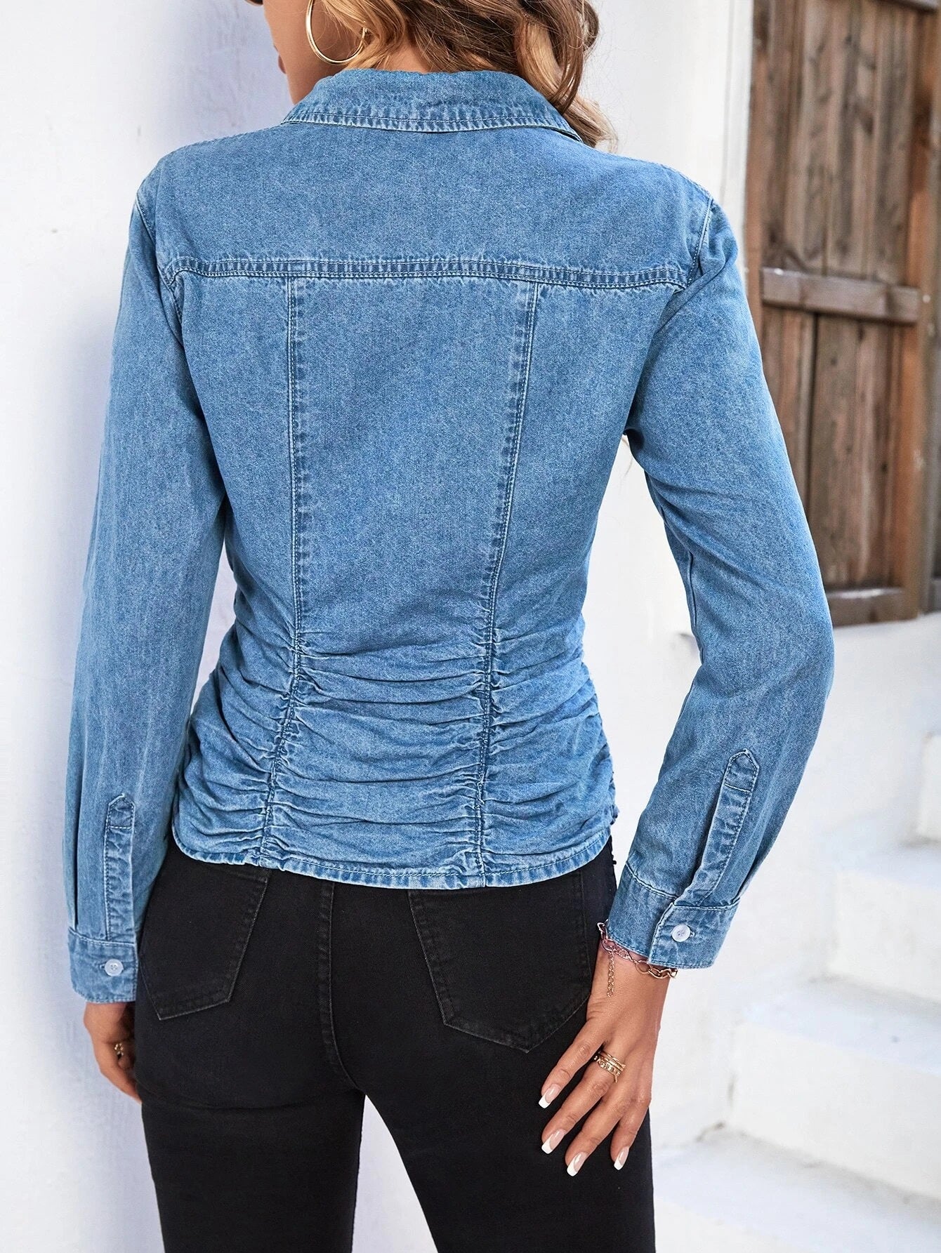 CM-TS739330 Women Casual Seoul Style Light Wash Button Front Ruched Denim Shirt