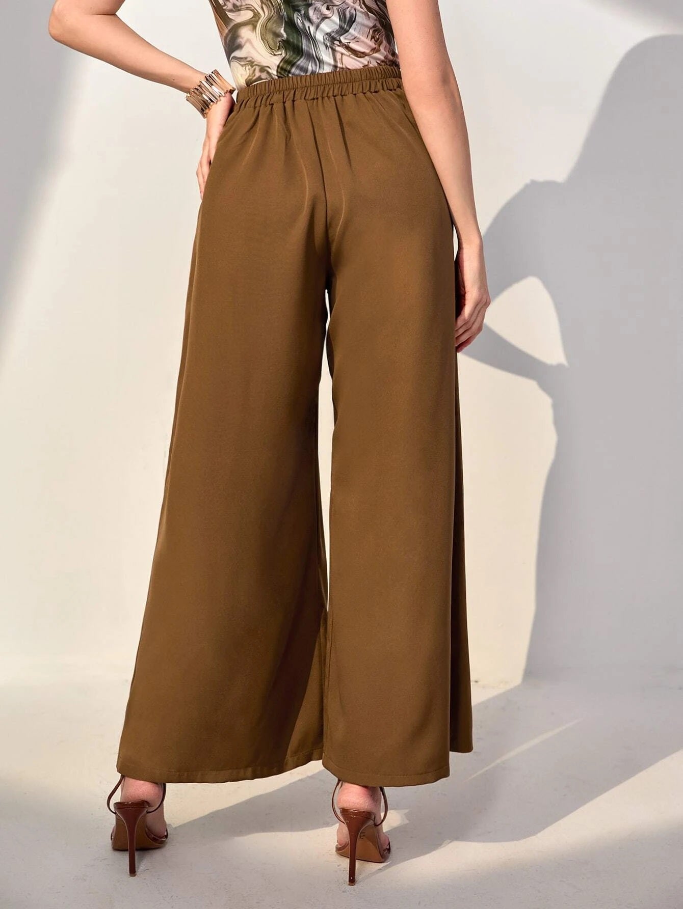 CM-BS994247 Women Trendy Bohemian Style High Waist Fold Pleated Wide Leg Pants - Khaki