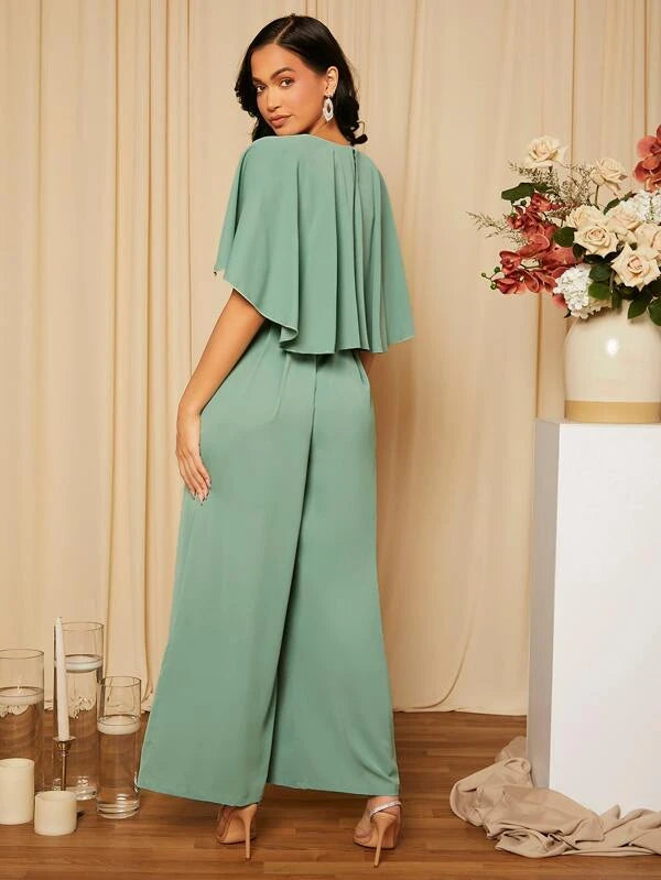 CM-JS041441 Women Elegant Seoul Style Plicated Detail Cloak Sleeve Wide Leg Jumpsuit