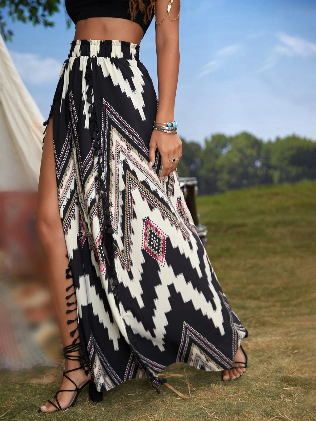 CM-BS858294 Women Trendy Bohemian Style Print Tassel Trim Wrap Hem Paper Bag Waist Skirt