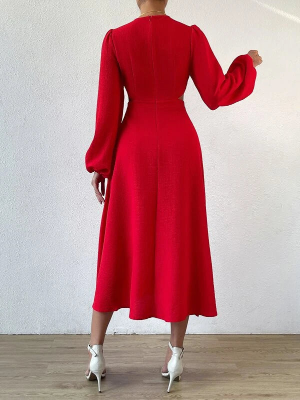 CM-DS303110 Women Elegant Seoul Style Plunging Neck Cut Out Waist Bishop Sleeve Dress