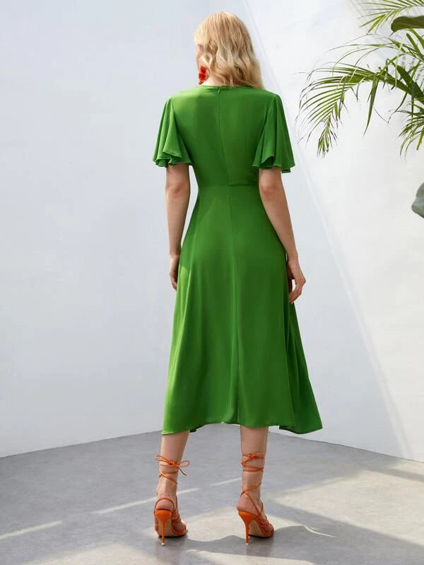 CM-DS370021 Women Trendy Bohemian Style Butterfly Sleeve Fake Button Split Hem Dress - Green