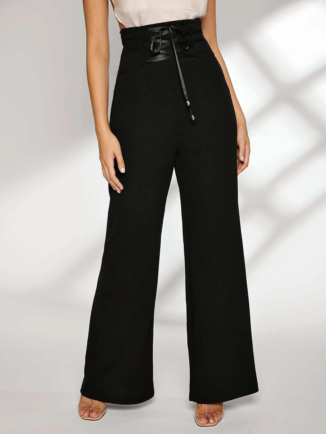 CM-BS521764 Women Elegant Seoul Style Lace Up Wide Waistband Palazzo Pants - Black