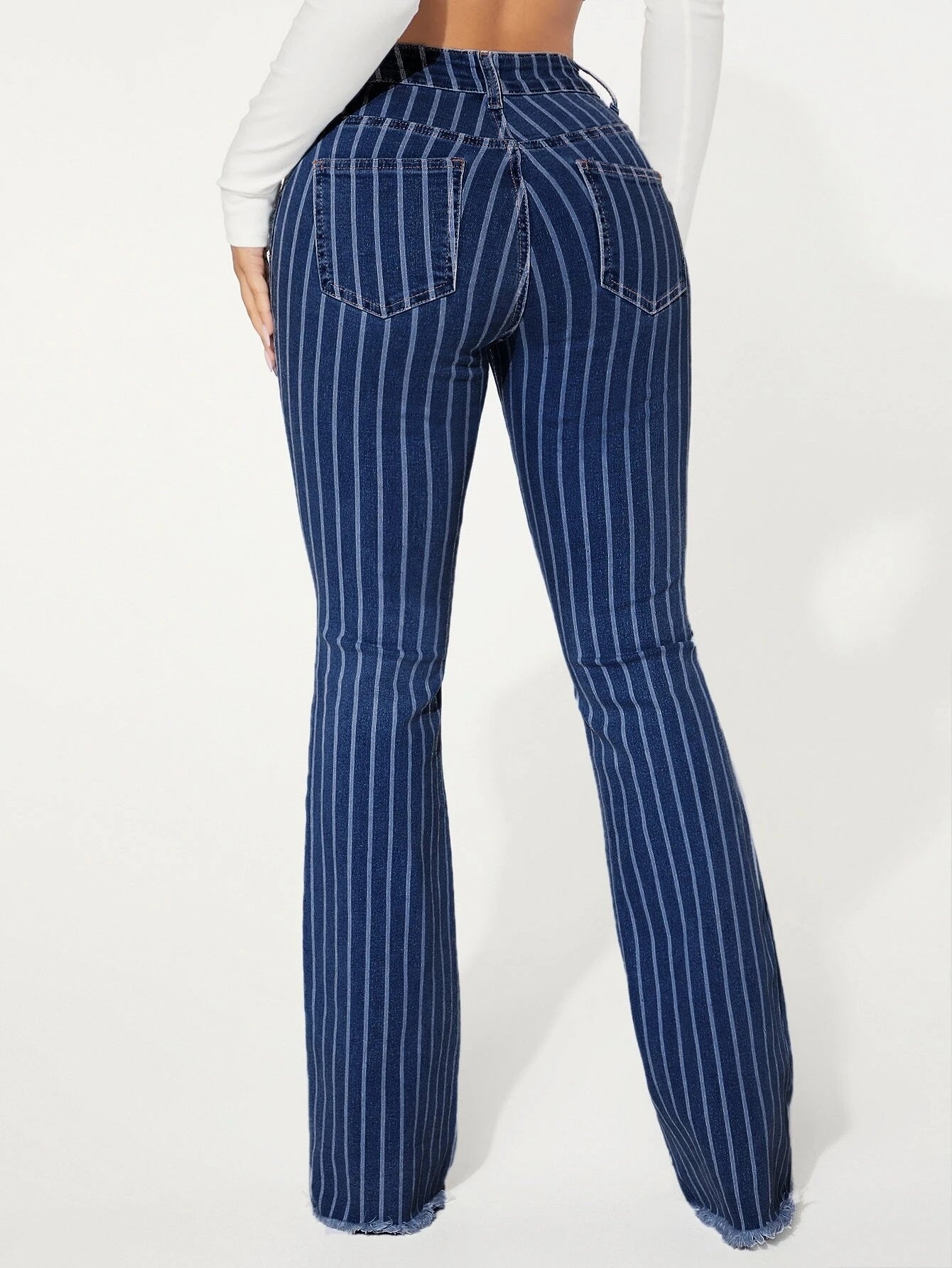 CM-BS332260 Women Preppy Seoul Style Dark Wash Drop Waist Striped Pattern Flare Leg Jeans