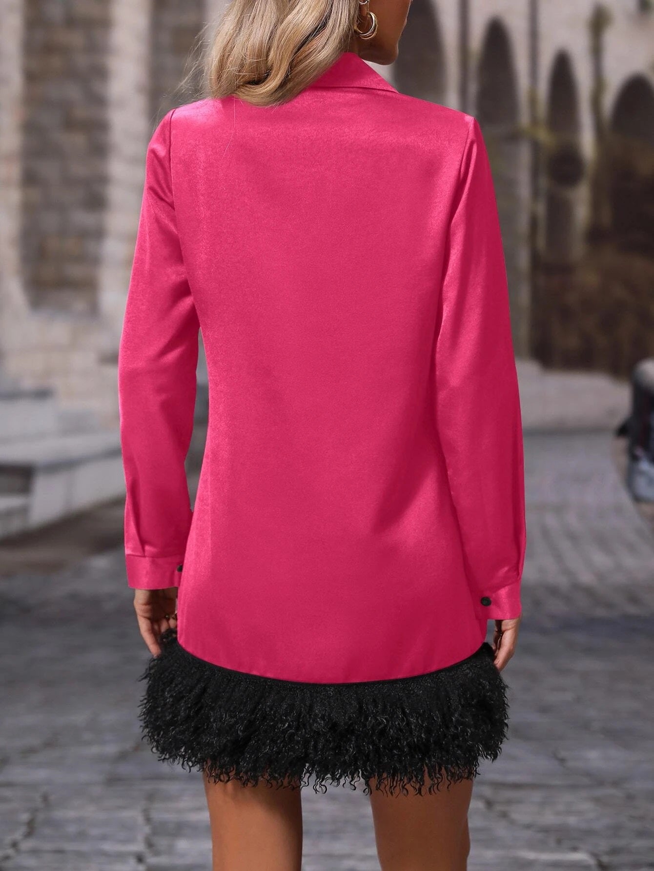 CM-DS005805 Women Elegant Seoul Style Collar Neckline Solid Fuzzy Hem Tunic Dress - Hot Pink