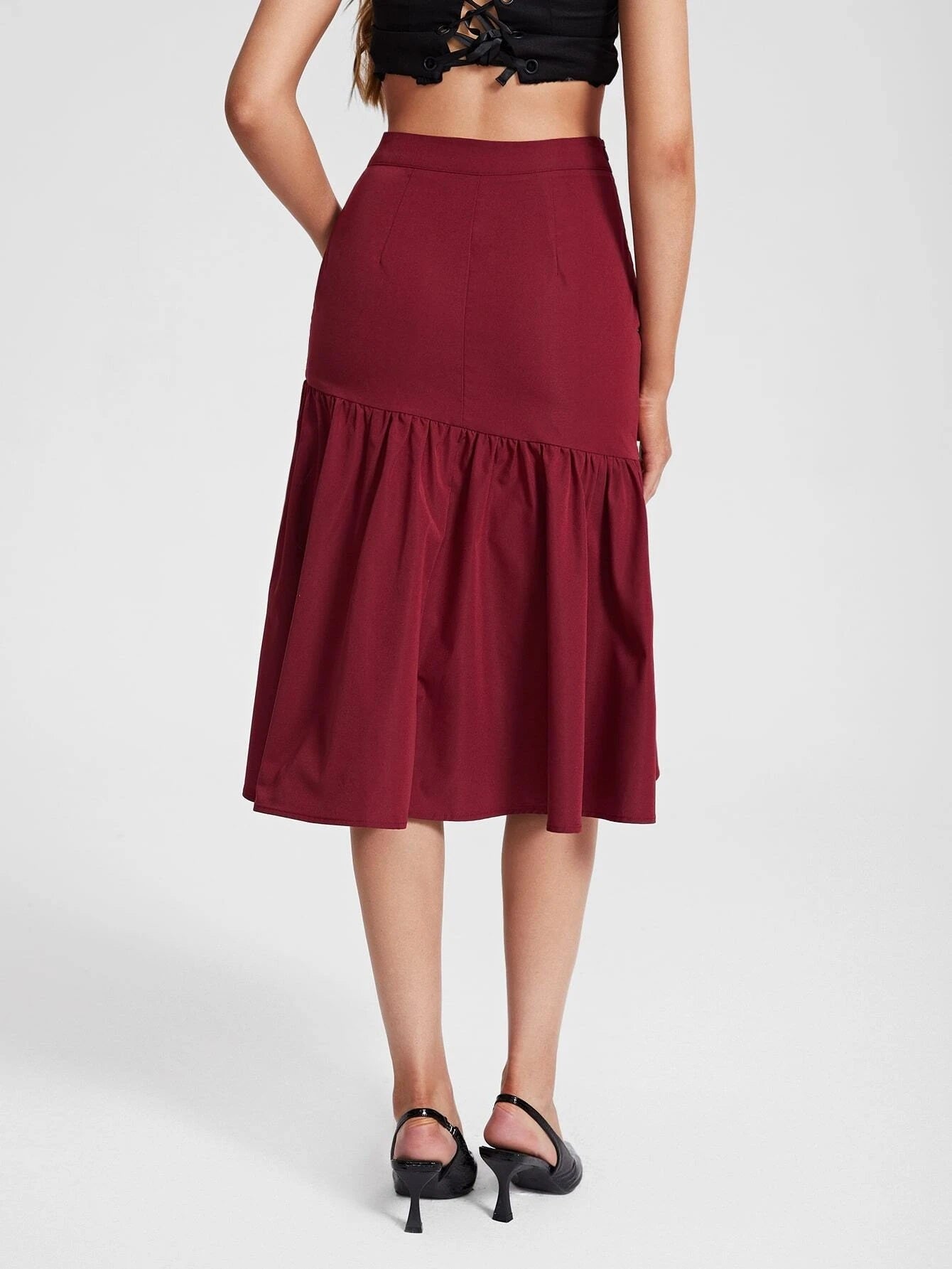 CM-BS449144 Women Casual Seoul Style Cut Out Ruffle Hem Split Thigh Skirt - Burgundy