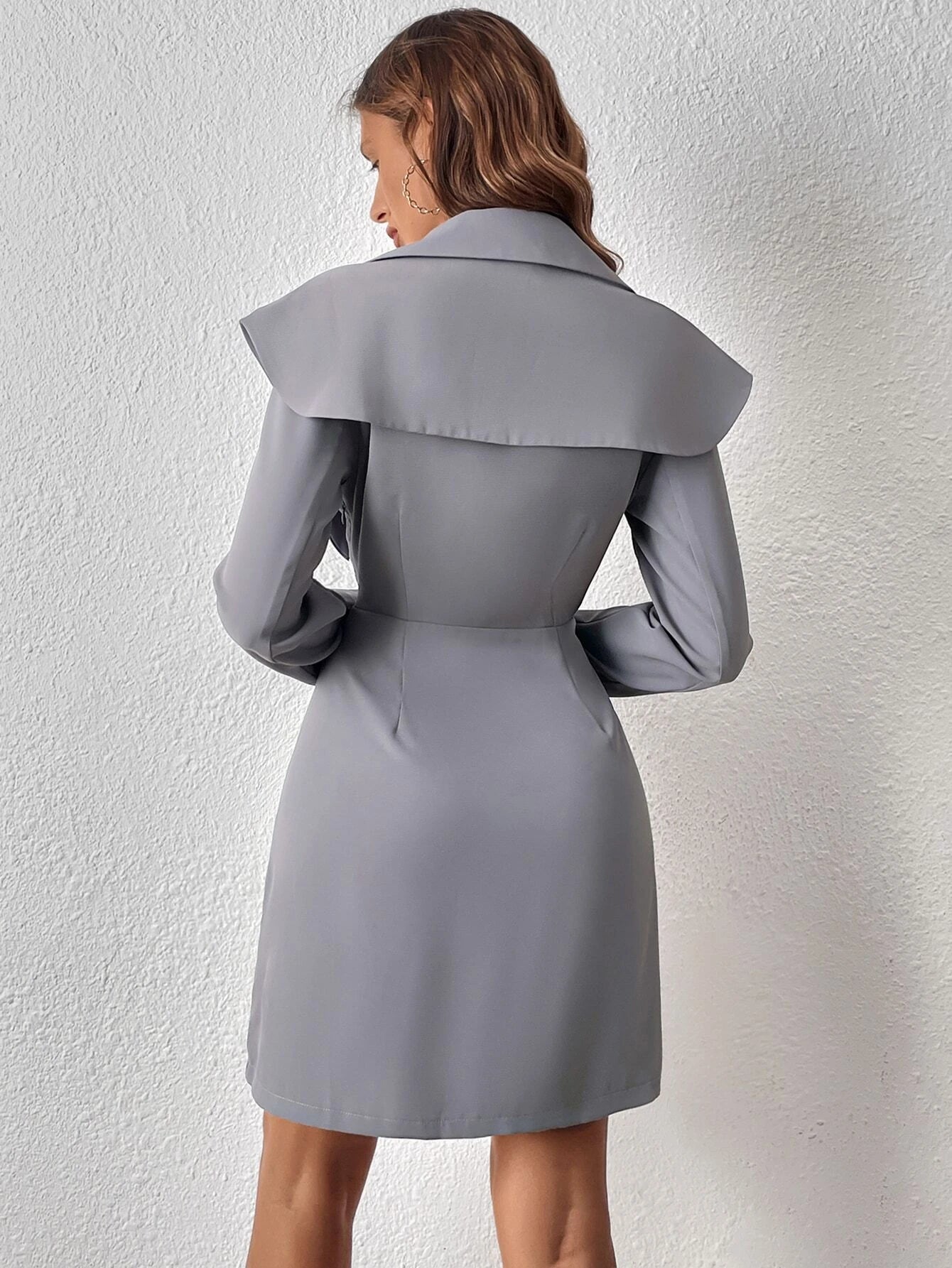 CM-DS150746 Women Elegant Seoul Style Double Breasted Fold Pleated Dress - Gray