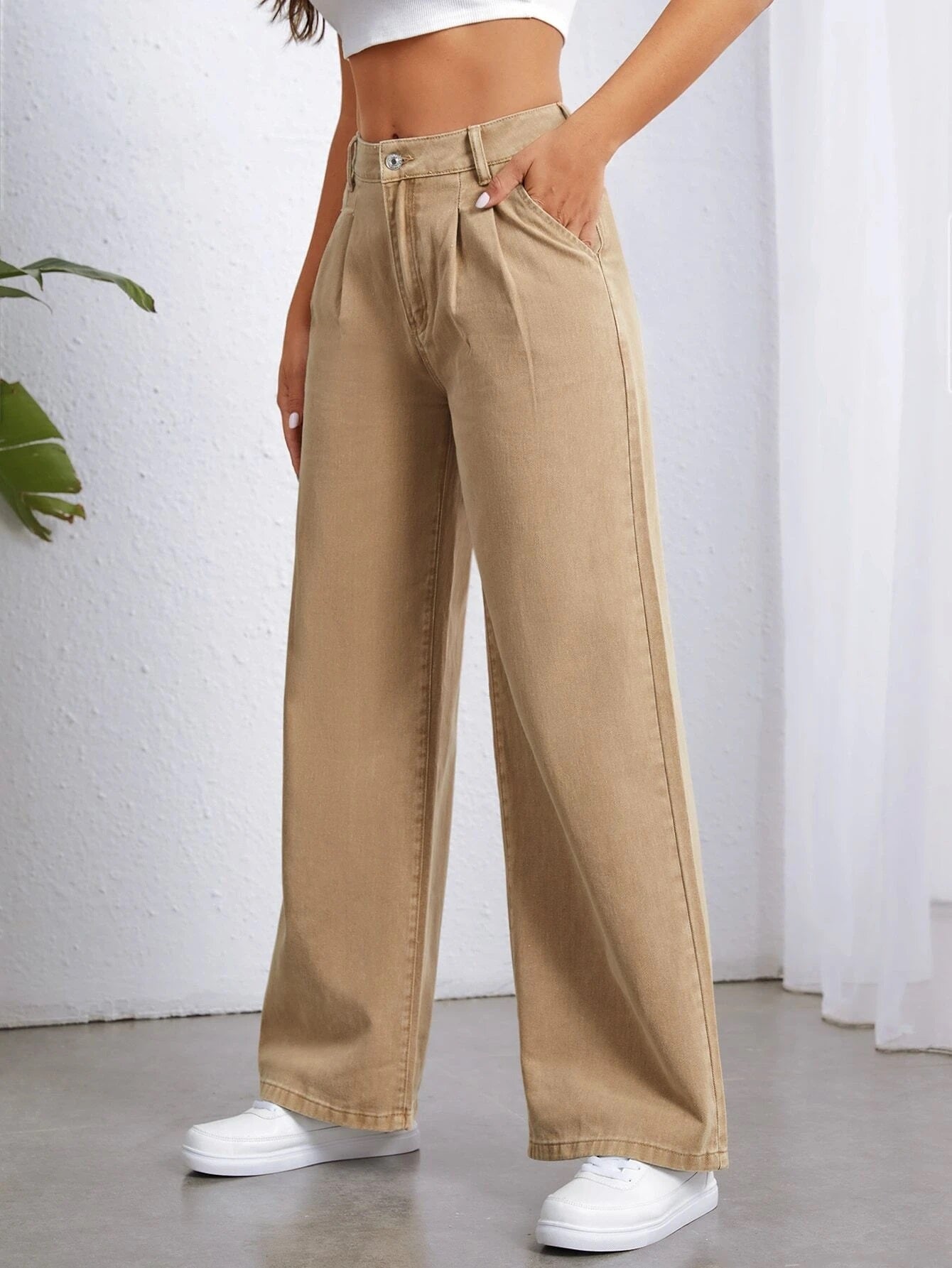 CM-BS001641 Women Preppy Seoul Style High Waist Wide Leg Jeans - Khaki