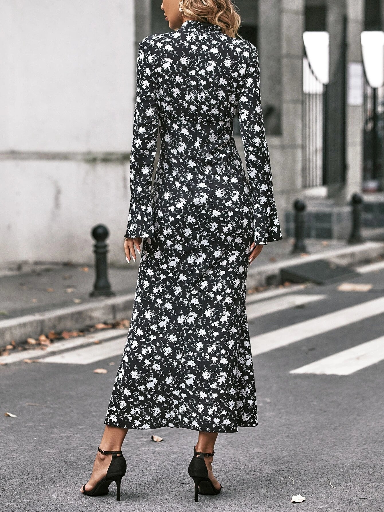 CM-DS281182 Women Casual Seoul Style Floral Print Flounce Sleeve Mermaid Hem Dress
