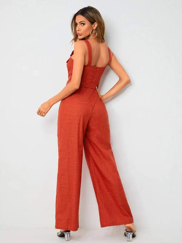 CM-JS038166 Women Trendy Bohemian Style Flap Pocket Detail Buckle Belted Palazzo Jumpsuit
