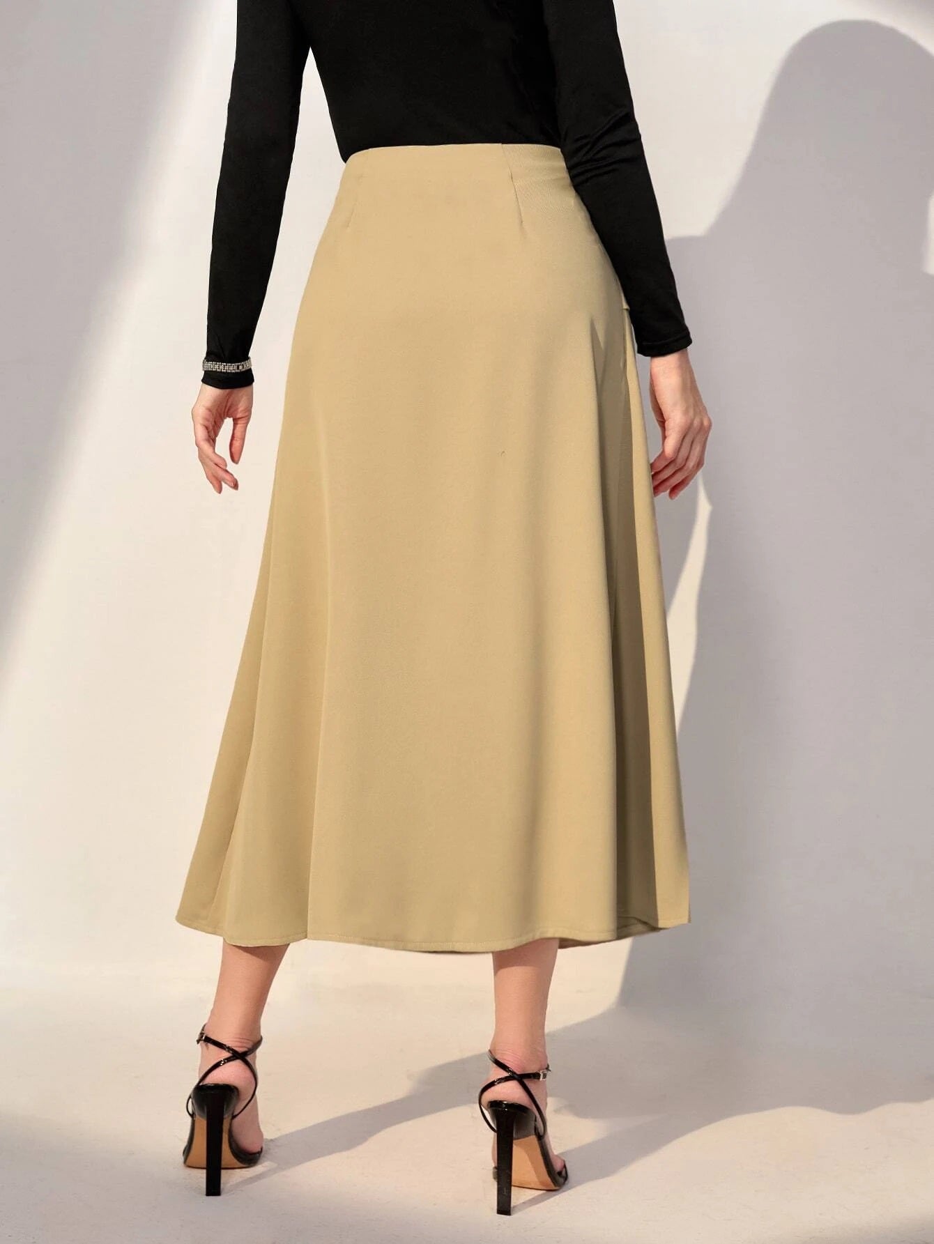 CM-BS757591 Women Preppy Seoul Style High Waist Fold Pleated Skirt - Khaki