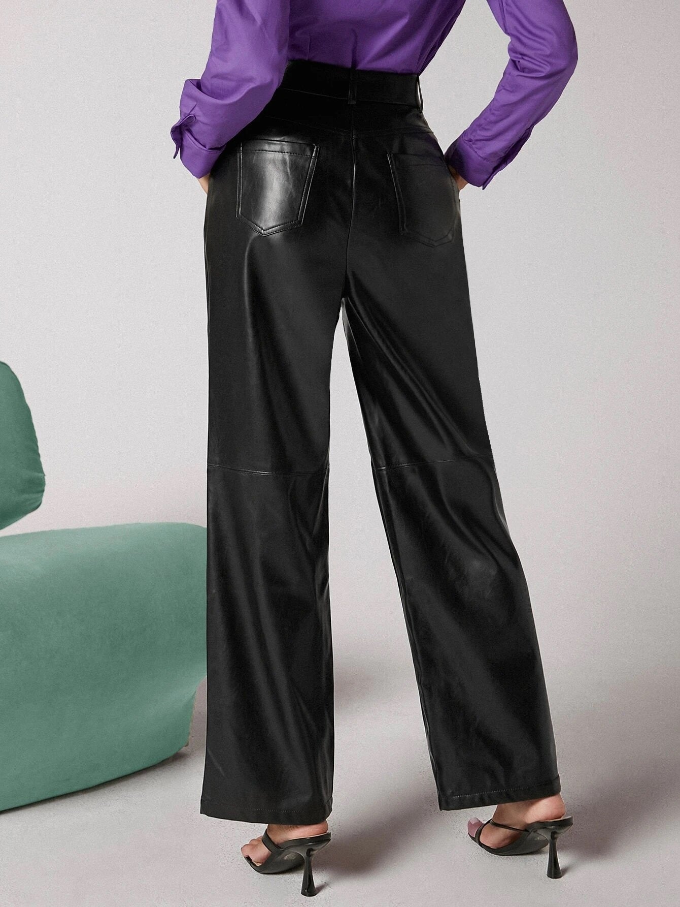 CM-BS111339 Women Elegant Seoul Style Zipper Fly Palazzo PU Pants - Black