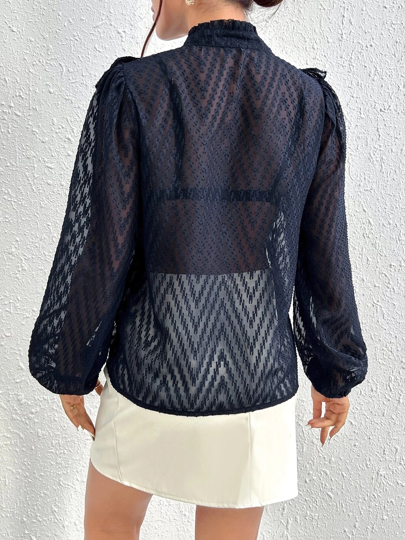 CM-TS198231 Women Elegant Seoul Style Ruffle Trim Lantern Sleeve Blouse - Navy Blue