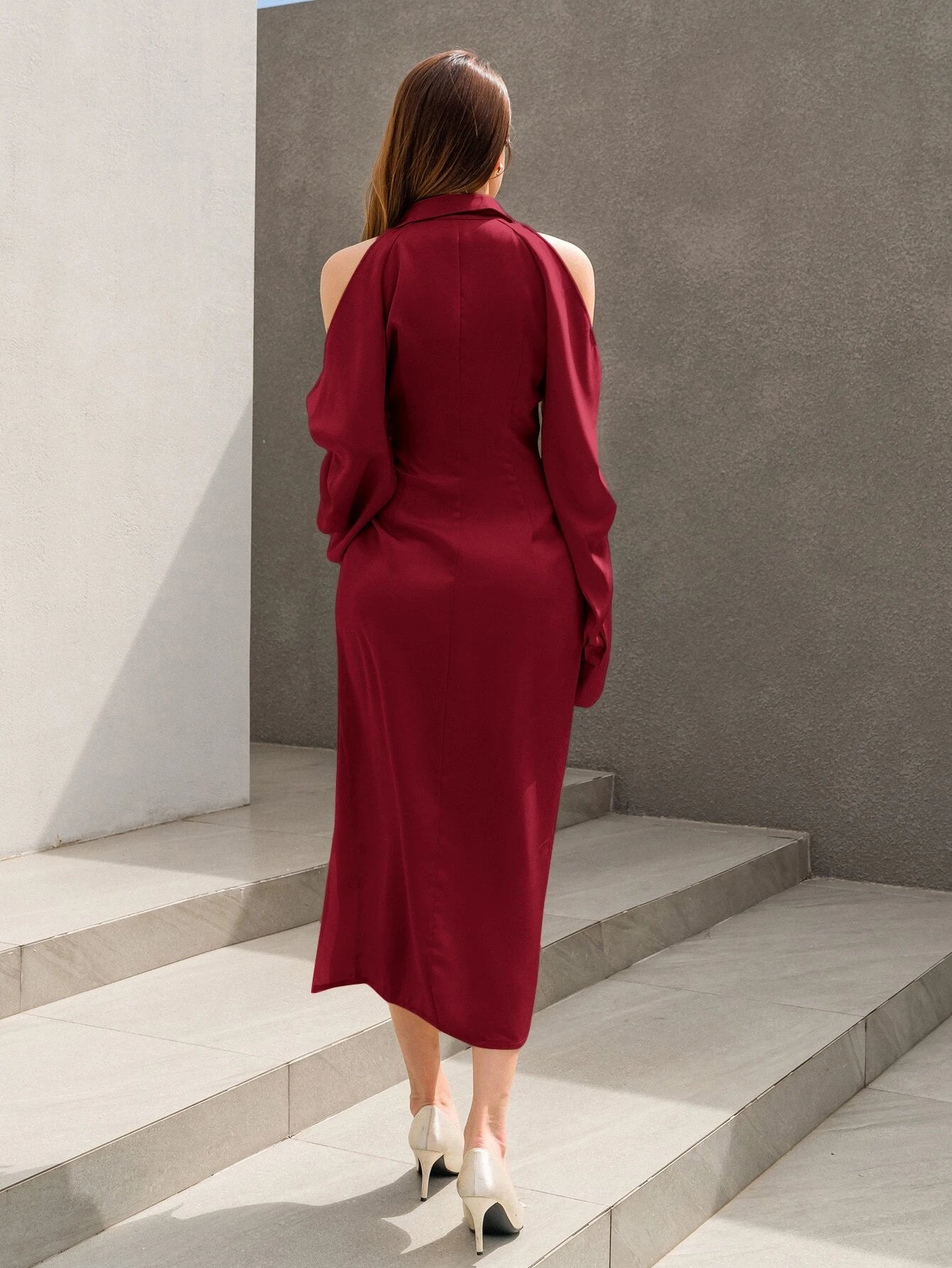 CM-DS115003 Women Elegant Seoul Style Cold Shoulder Twist Front Split Thigh Dress - Burgundy