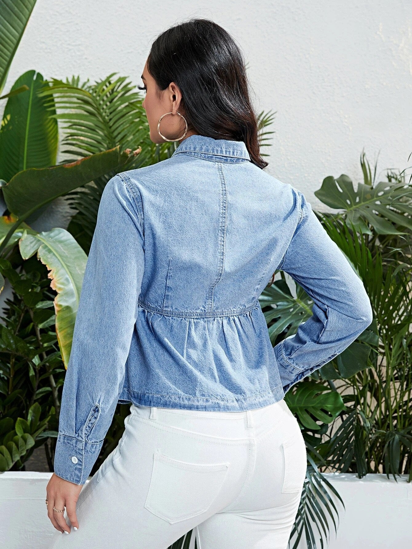 CM-TS983722 Women Casual Seoul Style Light Wash Flap Pocket Peplum Denim Top