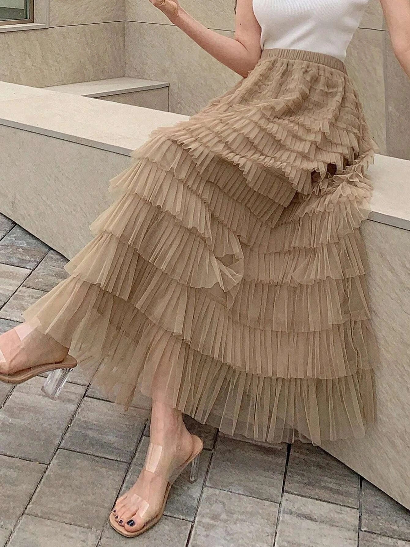 CM-BS317162 Women Casual Seoul Style Solid Layer Mesh Overlay Skirt - Khaki