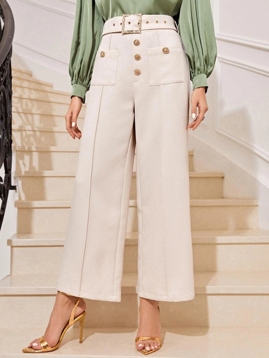 CM-BS811341 Women Elegant Seoul Style High Waist Button Front Belted Wide Leg Pants - Beige