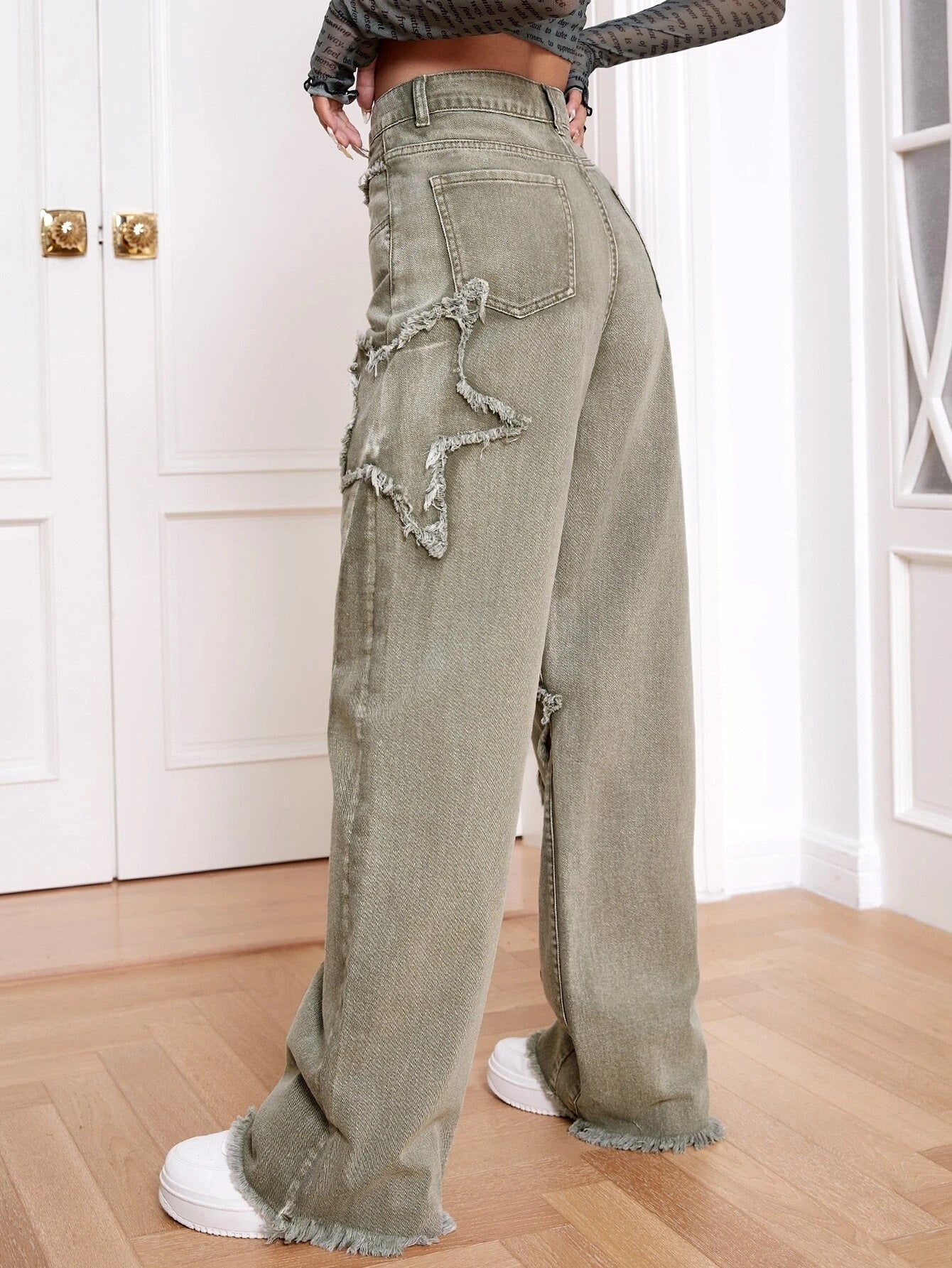 CM-BS900191 Women Casual Seoul Style High Waist Raw Trim Wide Leg Jeans - Army Green