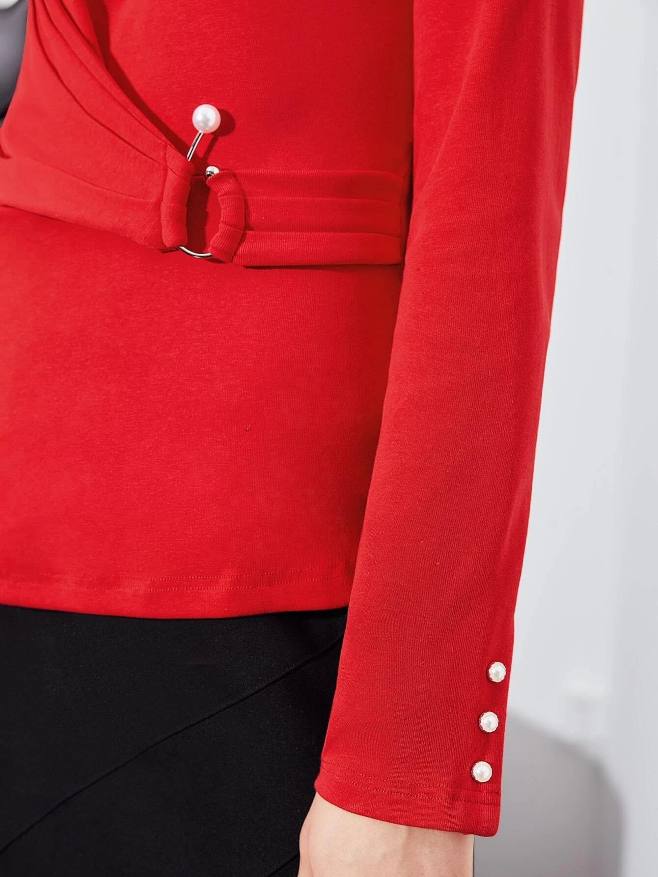 CM-TS599930 Women Elegant Seoul Style Mock Neck Gathered Long Sleeve Shirt - Red