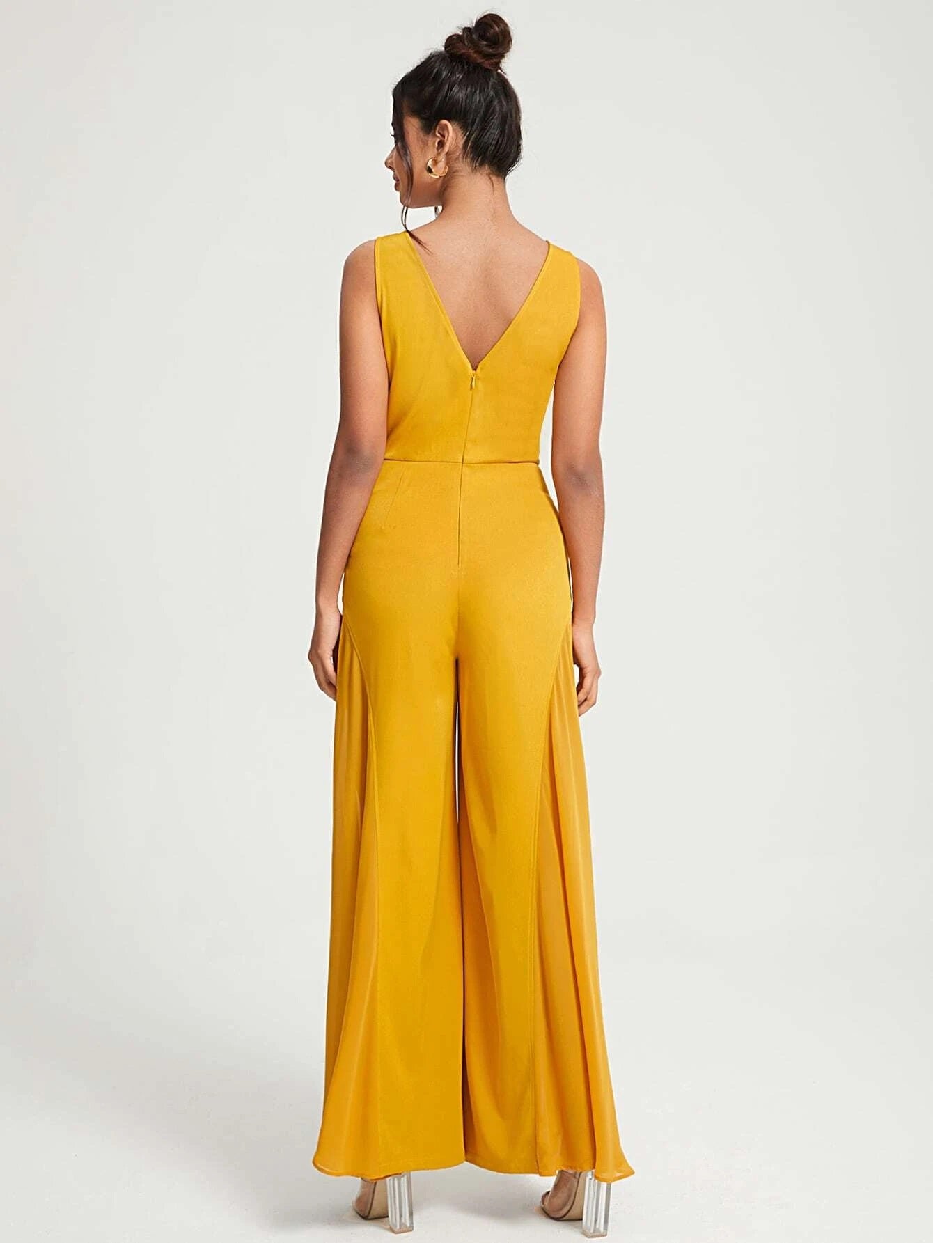 CM-JS555773 Women Elegant Seoul Style Sleeveless Solid Wide Leg Jumpsuit - Mustard Yellow