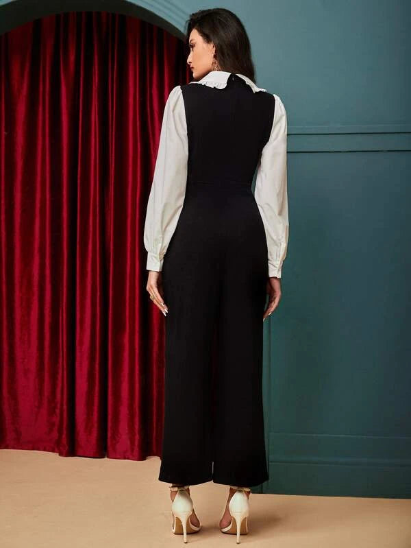 CM-JS846646 Women Elegant Seoul Style Colorblock Ruffle Trim Jumpsuit - Black