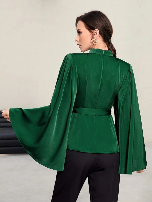 CM-TS194601 Women Elegant Seoul Style Mock Neck Trumpet Sleeve Belted Satin Blouse
