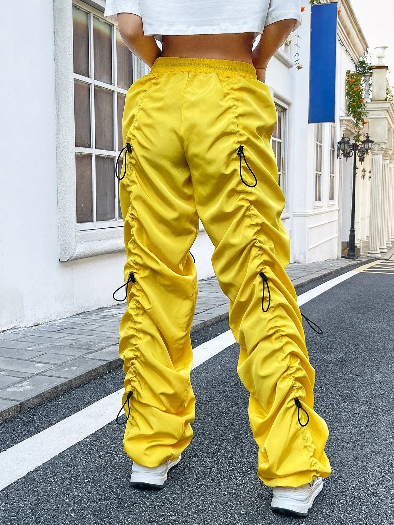 CM-BS810144 Women Casual Seoul Style Drawstring Waist Ruched Parachute Pants - Yellow