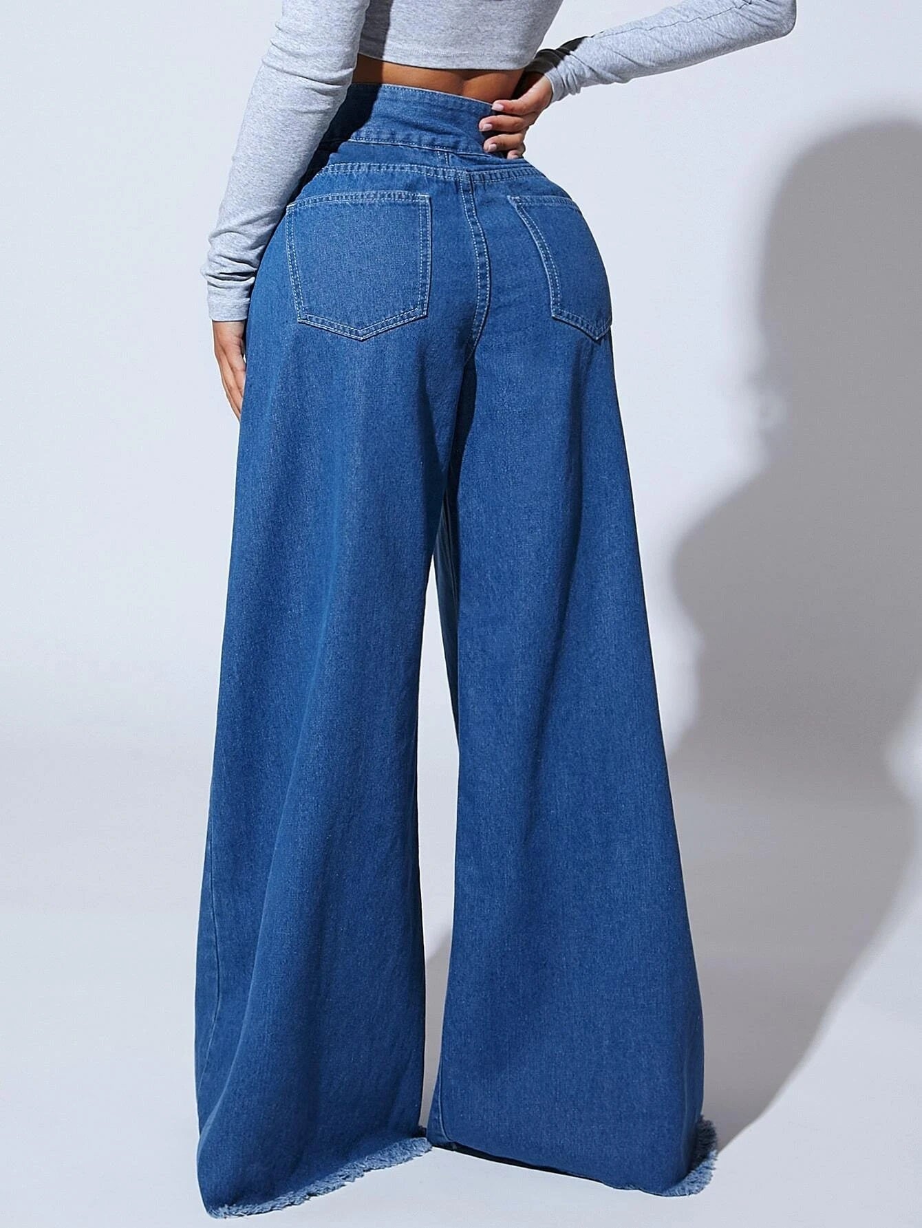 CM-BS478811 Women Preppy Seoul Style Medium Wash Raw Hem Wide Leg Jeans