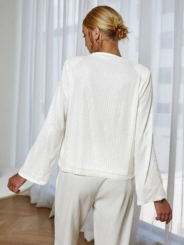 CM-TS156209 Women Elegant Seoul Style Draped Neck Long Sleeve Jacquard Blouse - White