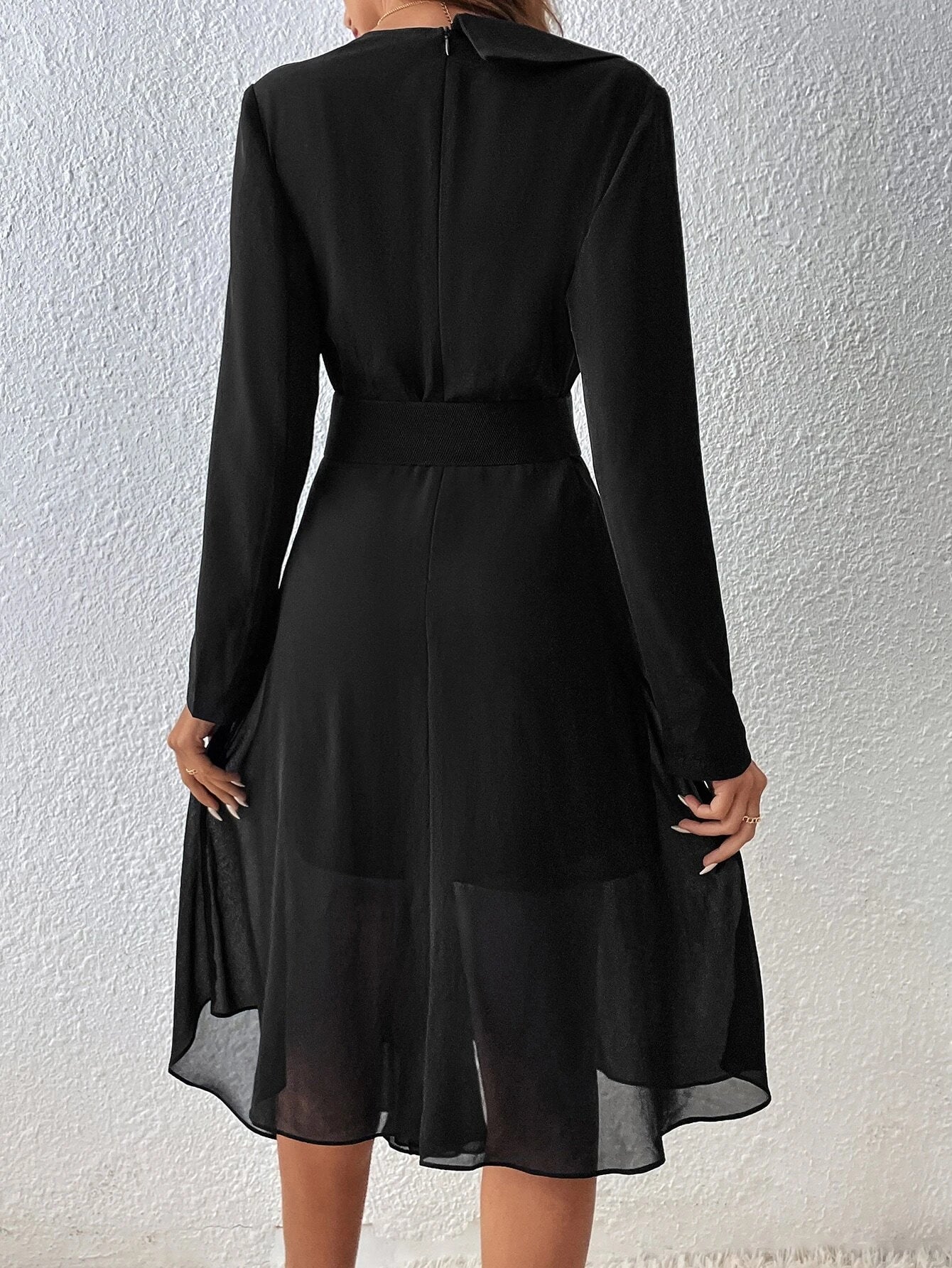CM-DS338512 Women Elegant Seoul Style Lapel Neck Wrap Detail High Low Hem Belted Dress