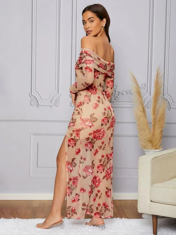 CM-DS718326 Women Elegant Seoul Style Floral Print Off Shoulder Split Thigh Mesh Dress