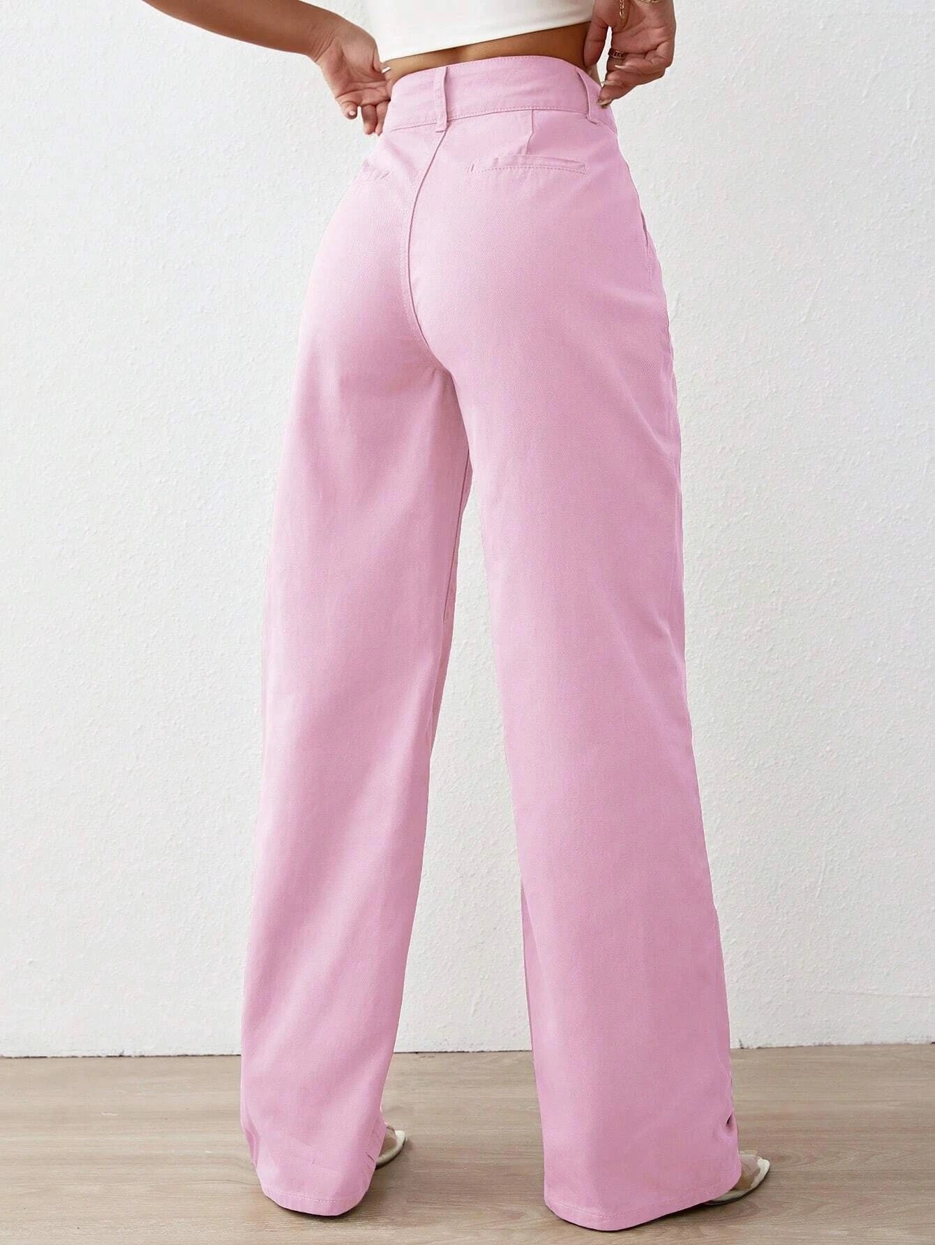 CM-BS191594 Women Preppy Seoul Style Solid High Waist Wide Leg Jeans - Pink