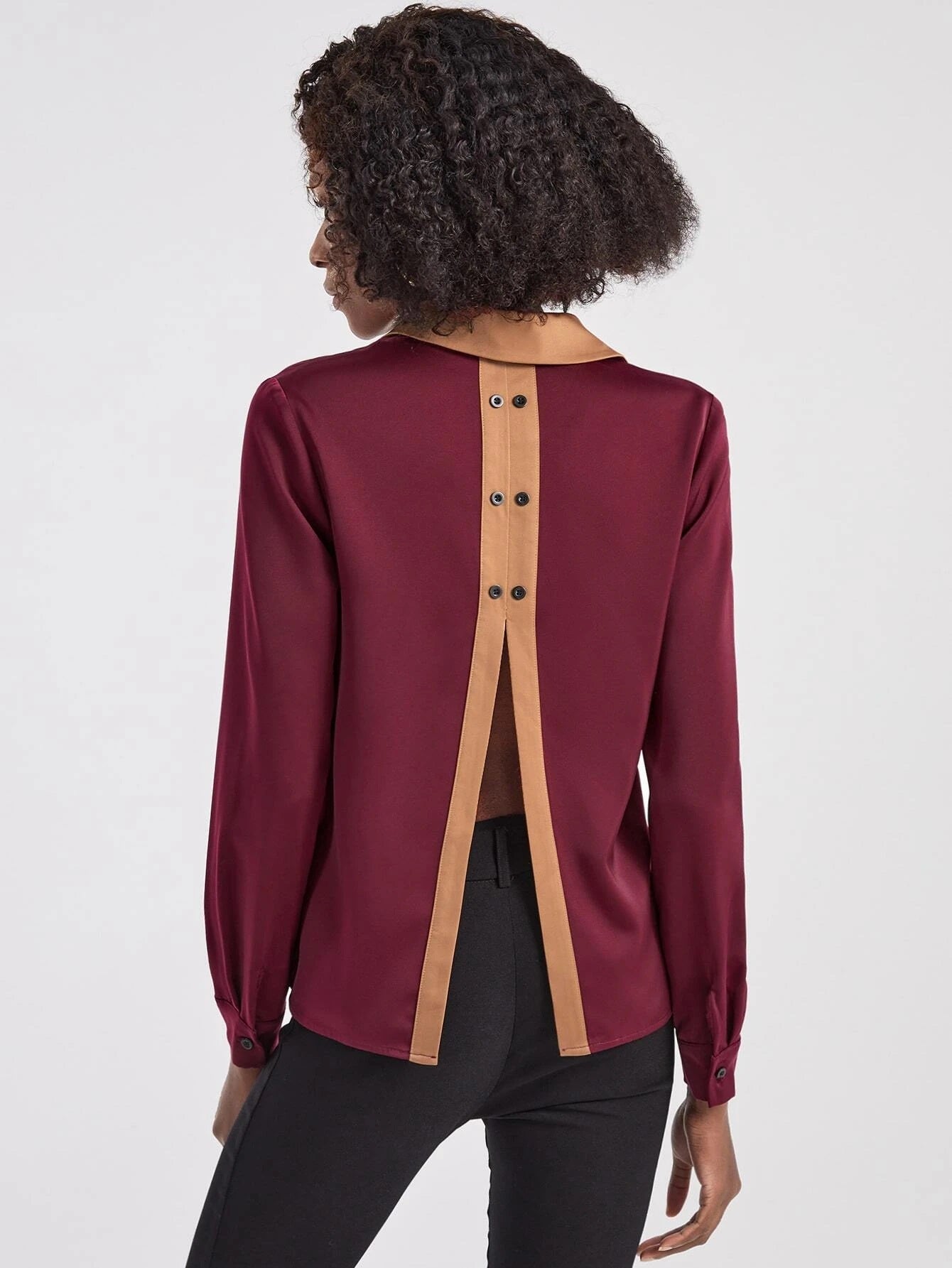CM-TS460111 Women Elegant Seoul Style Contrast Trim Button Back Shirt - Burgundy