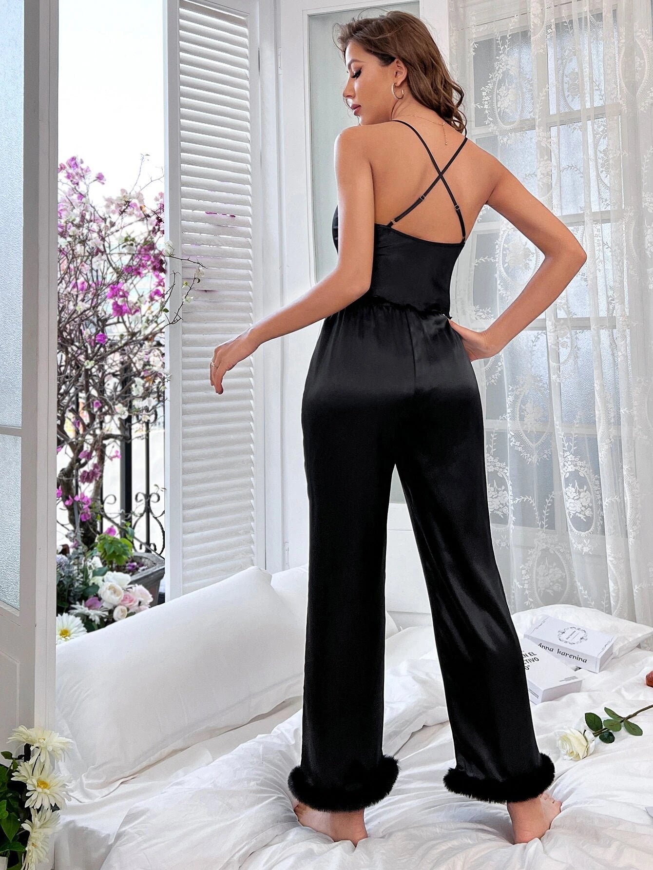 CM-LS892629 Women Trendy Seoul Style Satin Cami Top With Fuzzy Trim Pants Pajama Set - Black